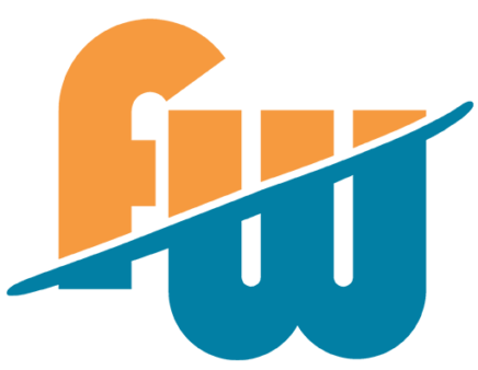 Foxy Wind Water Sports Logo: initial letters F & W devidied by a diagonal board a symbol of water board sports