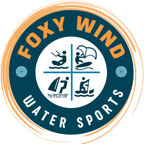 FOXY WIND emblem: kitesurfing, windsurfing, wing foiling, SUP boarding, FOXY WIND and WATER SPORTS lettering