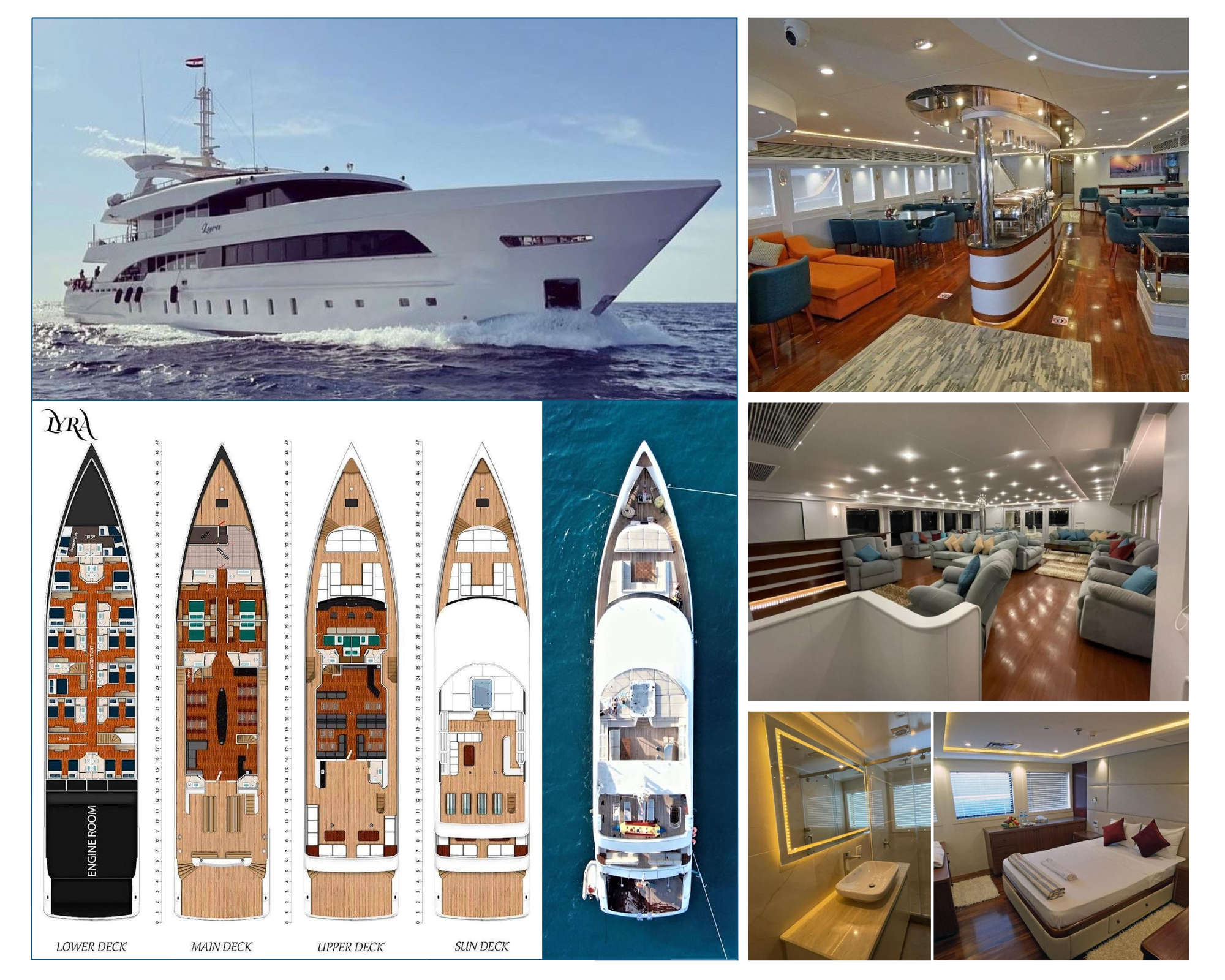 Safari boat exterior and interior: lower deck, main deck, upper deck, sun deck.