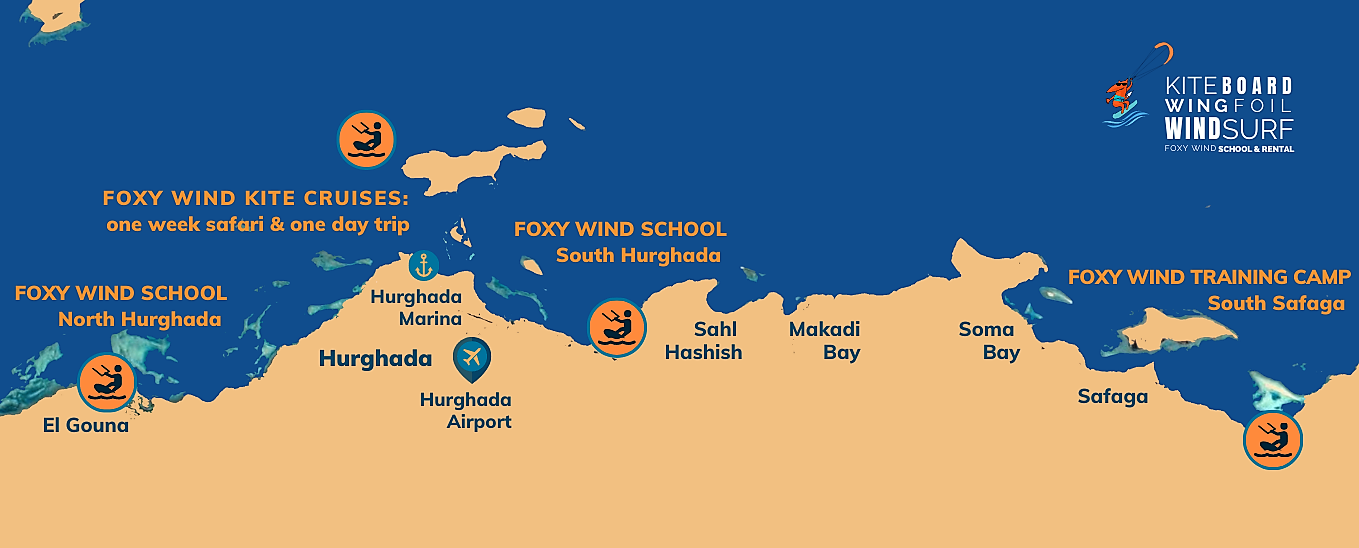 A map of FOXY WIND Kitesurfing Schools in Hurghada, El Gouna, Safaga, at our Kite Training Camp, on Kite Cruises: one-week kite safari or one-day kite trip