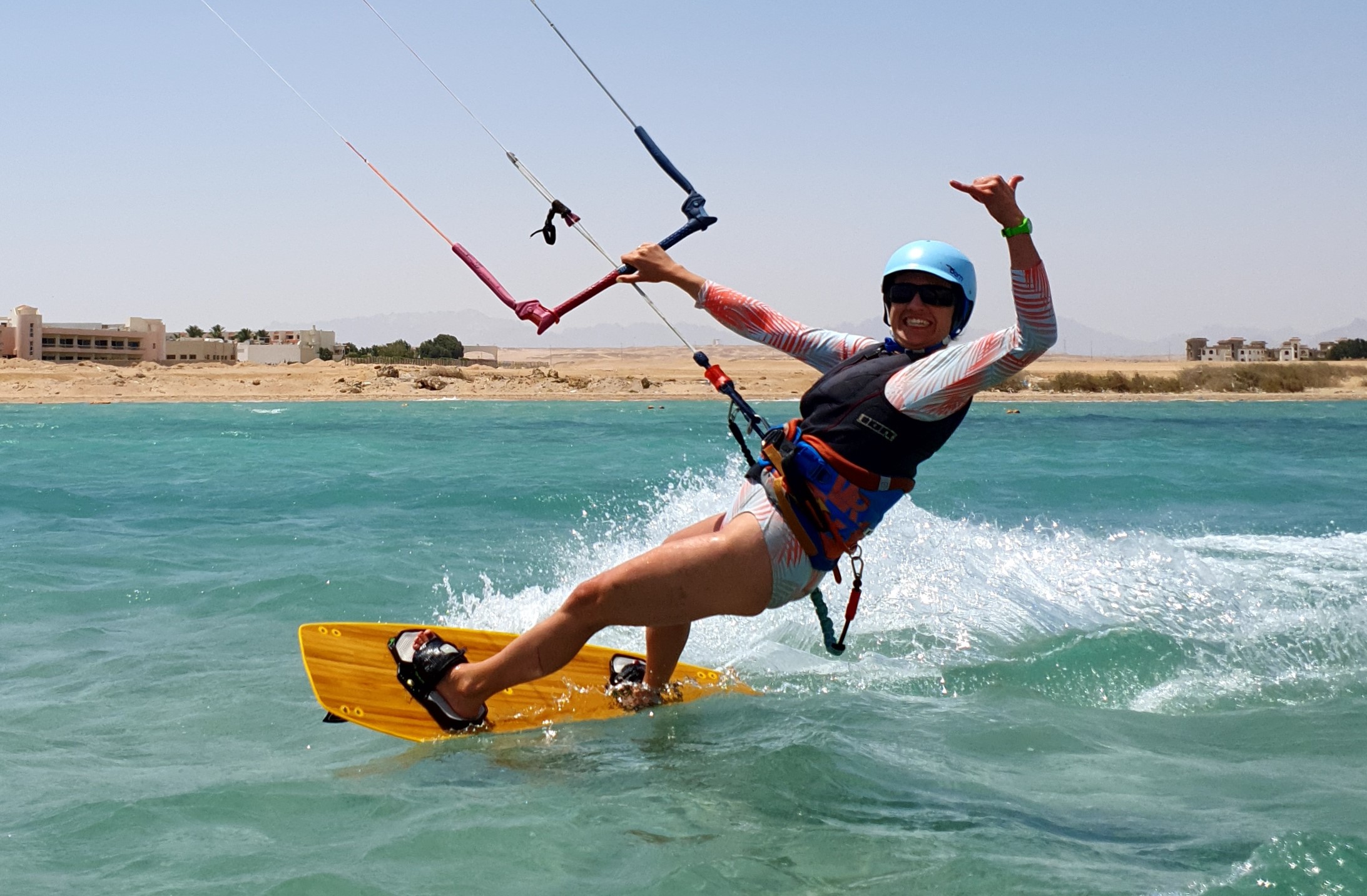 Kitesurfer is riding at one of Foxy Wind spots in Hurghada.